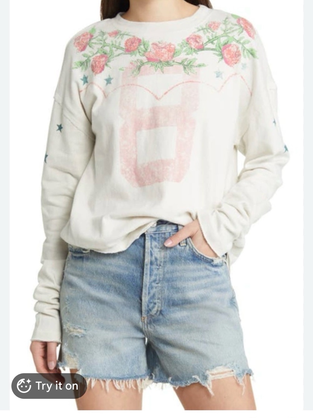 Free People Cream Sweatshirt with Pink Floral Yoke